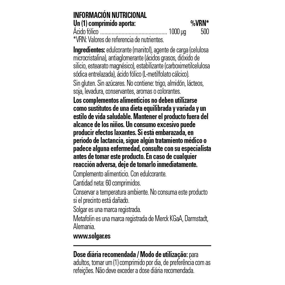 Solgar Folato 1000 µg (Metafolin®), 60 comprimidos: detalle del envase y etiquetado, vista lateral