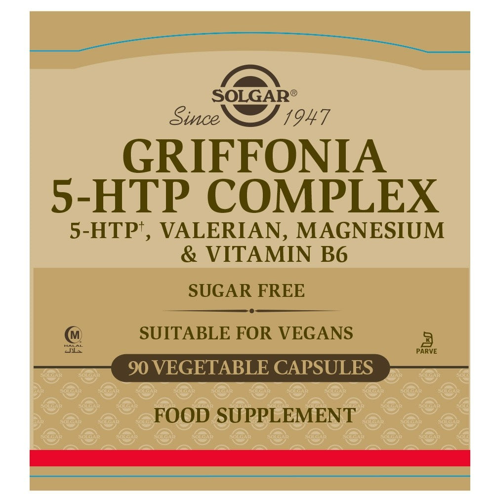 Solgar Griffonia 5-HTP Complex, 90 cápsulas vegetales: etiqueta con ingredientes y modo de empleo