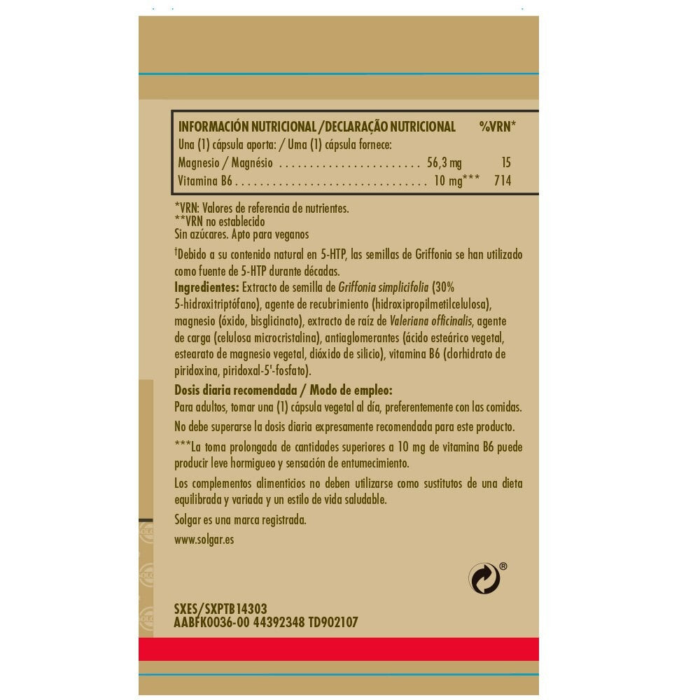 Solgar Griffonia 5-HTP Complex, 90 cápsulas vegetales: detalle del etiquetado, información adicional