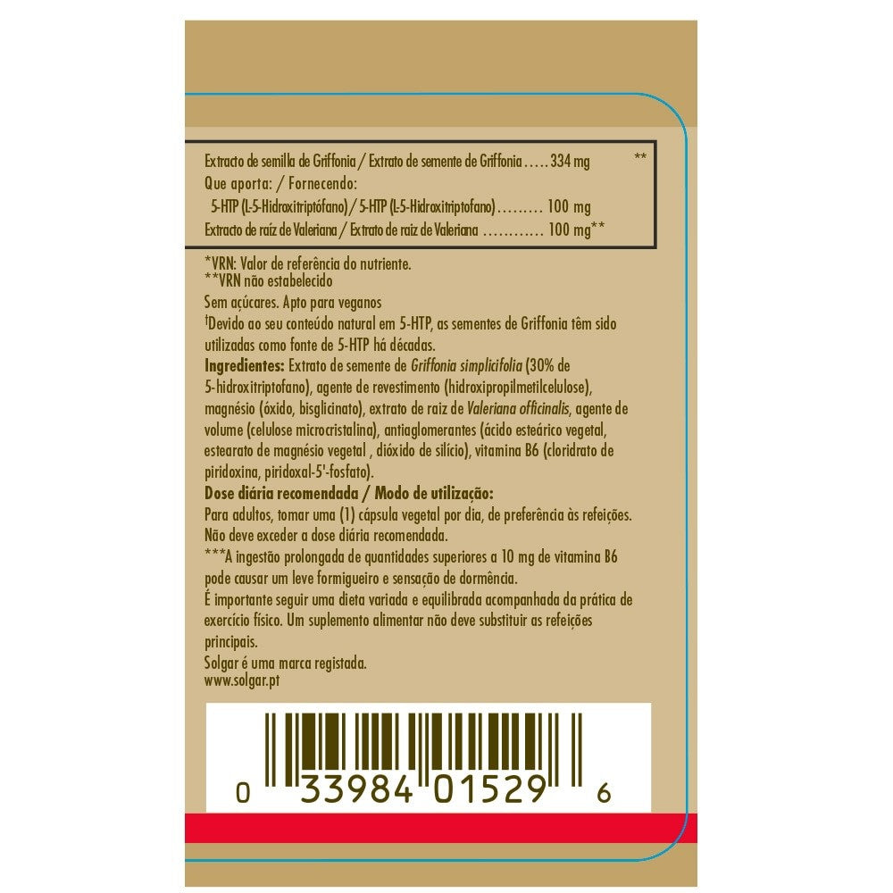 Solgar Griffonia 5-HTP Complex, 90 cápsulas vegetales: envase, vista posterior