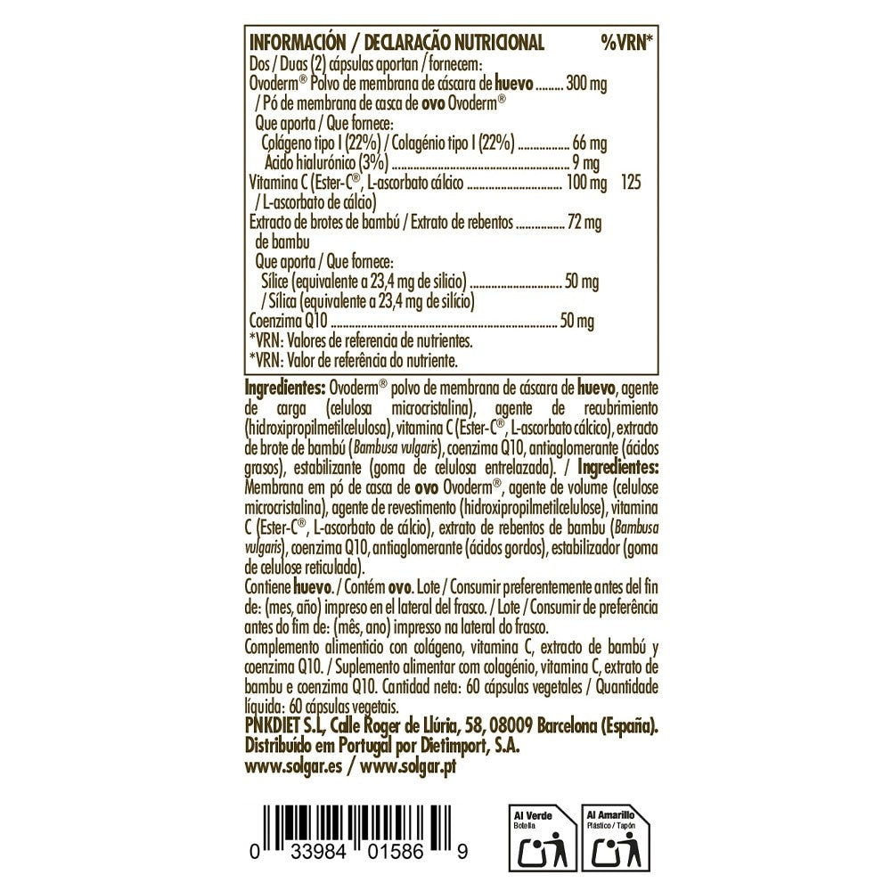 Solgar Colágeno Vegetariano Ovoderm®, 60 cápsulas vegetales: etiqueta con ingredientes y modo de empleo