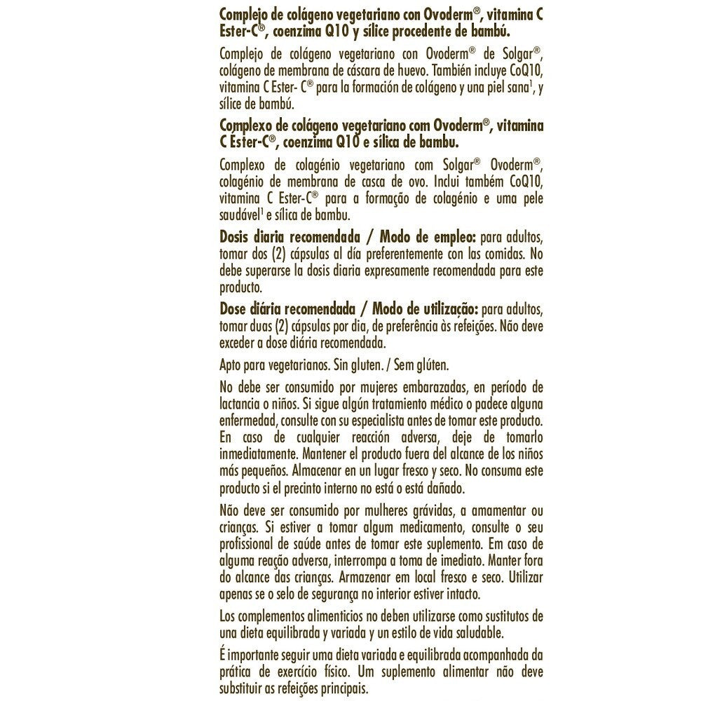 Solgar Colágeno Vegetariano Ovoderm®, 60 cápsulas vegetales: detalle del envase y etiquetado, vista lateral