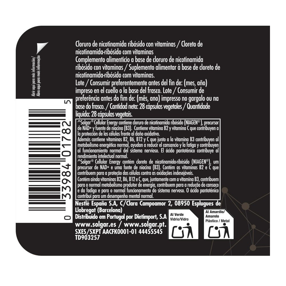 Solgar Cellular Energy (Precursor de NAD+), 28 cápsulas vegetales: etiqueta con ingredientes y modo de empleo