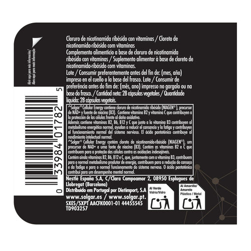 Solgar Cellular Energy (Precursor de NAD+), 28 cápsulas vegetales: etiqueta con ingredientes y modo de empleo
