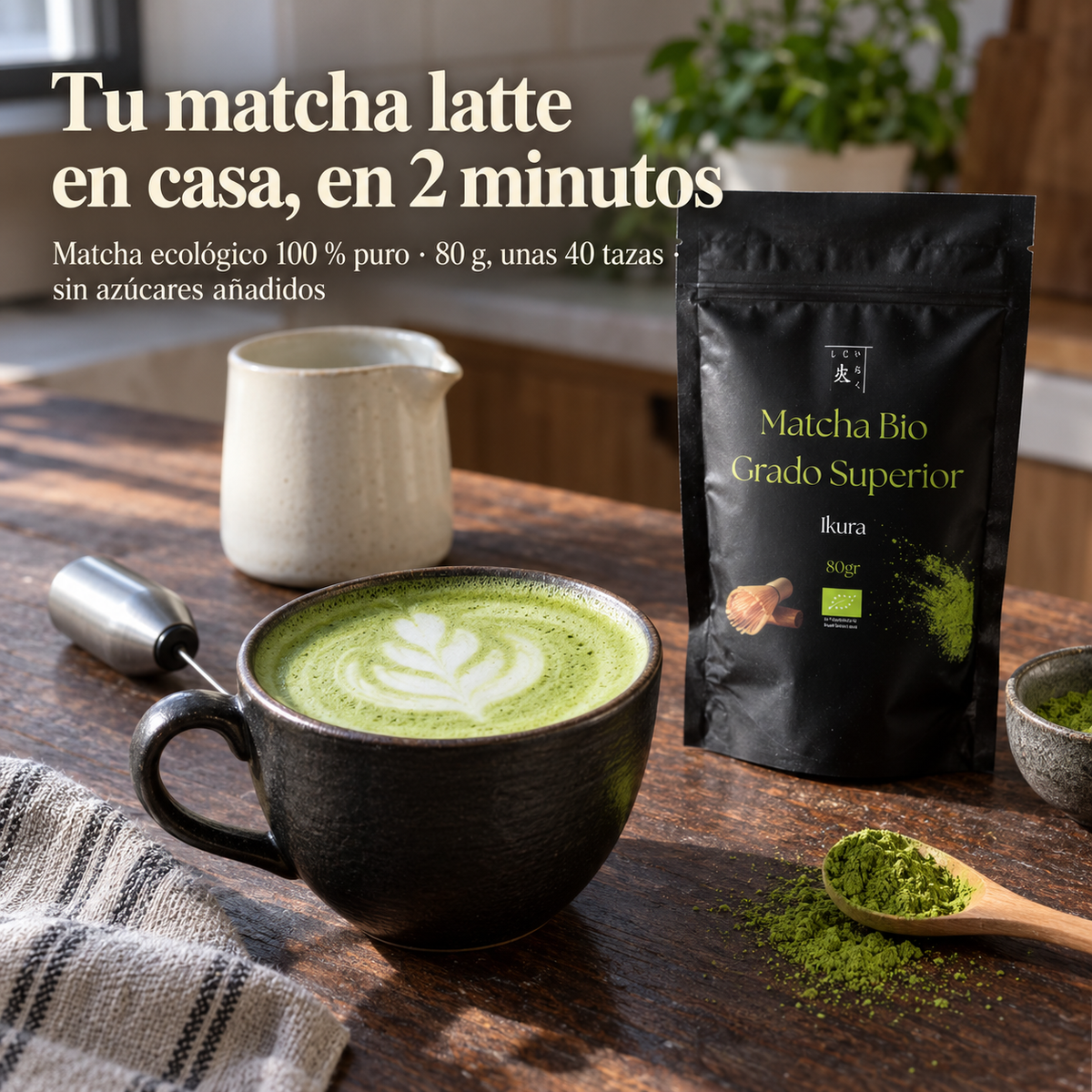 Té matcha bio grado superior Ikura 80 g para matcha latte en casa