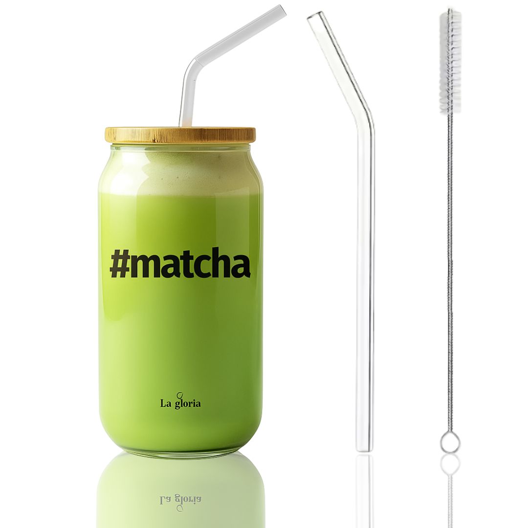 Vaso de cristal reutilizable para té matcha La Gloria Mediterránea