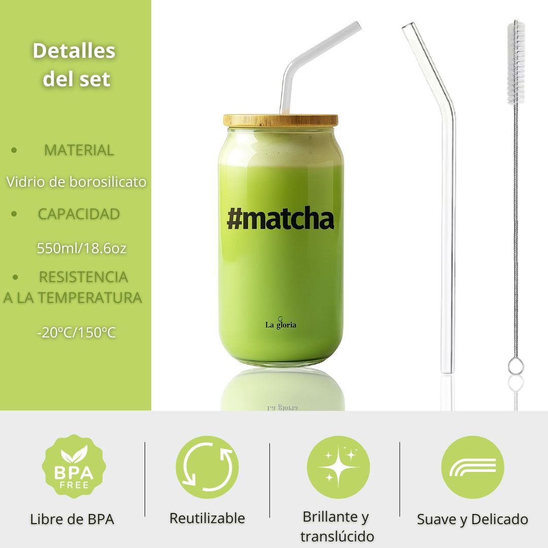 Vaso de cristal reutilizable para té matcha La Gloria Mediterránea