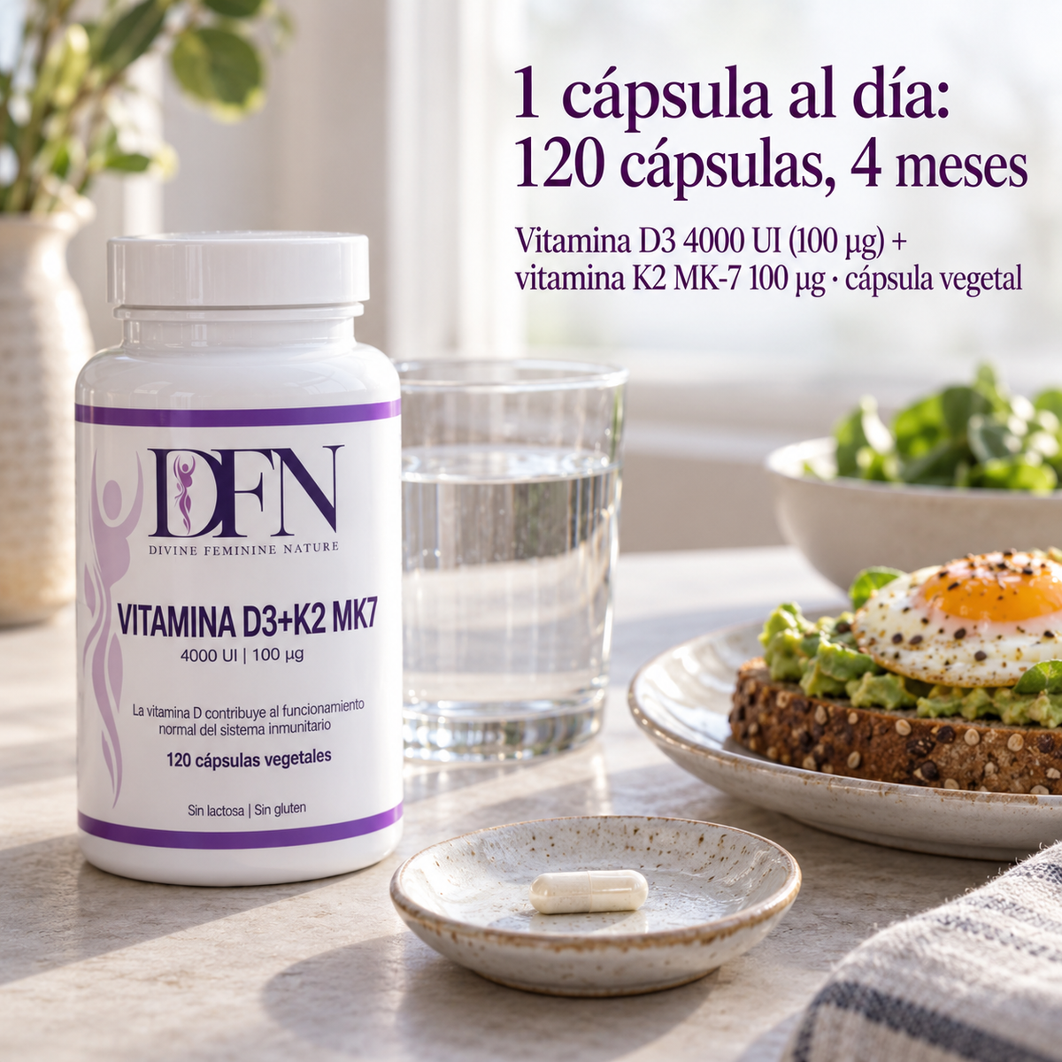 Vitamina D3 + K2 DFN: 1 cápsula al día, 120 cápsulas vegetales, 4 meses