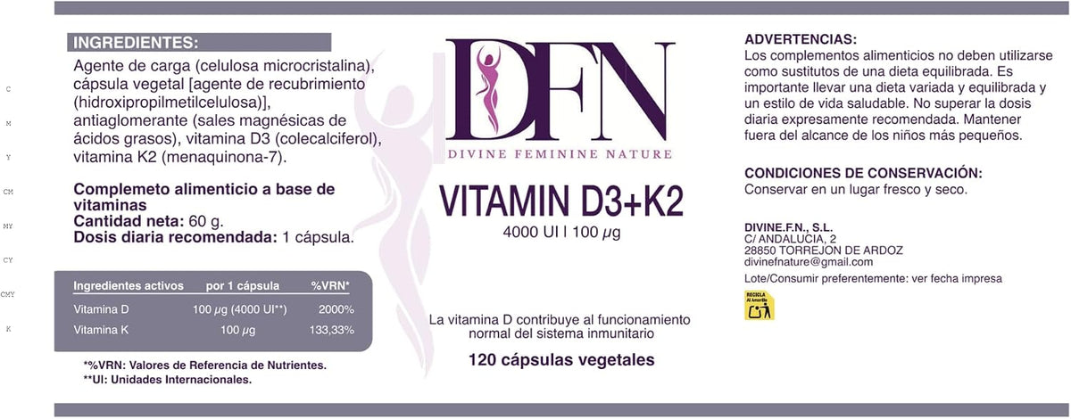 Vitamina D3 K2 MK7 4000 UI cápsulas vegetales Divine Feminine Nature
