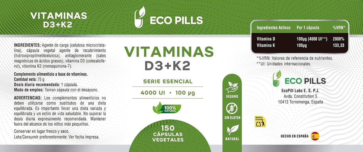 Vitamina D3 K2 MK7 4000 UI cápsulas vegetales Eco Pills